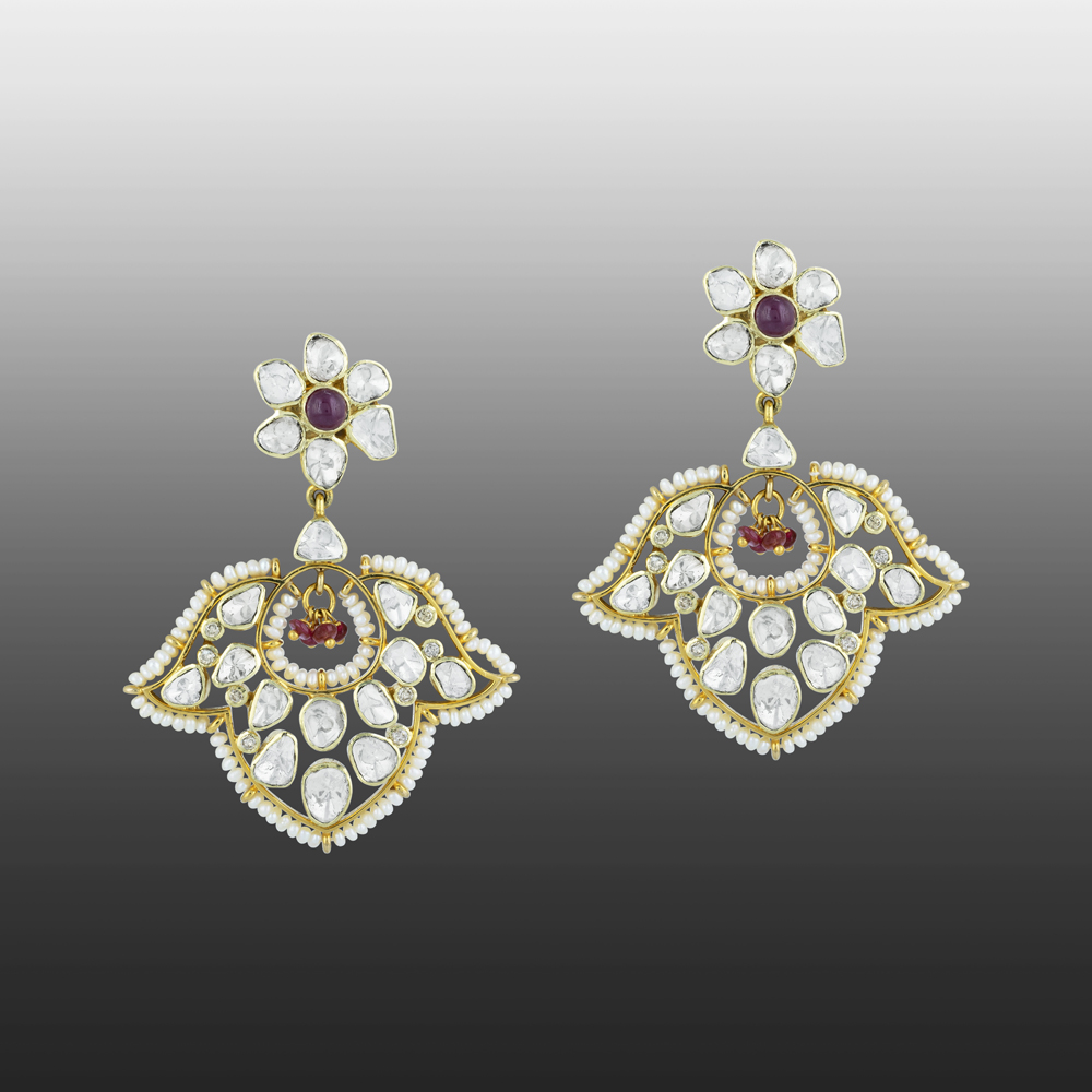 Floral Polki Earrings with Red Accent & Pearl Beads